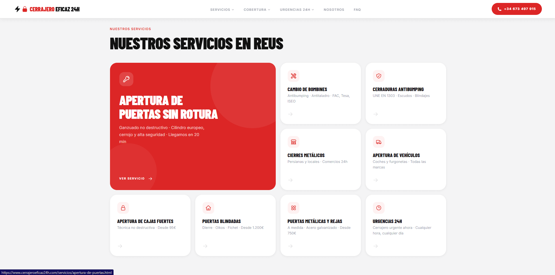 Detalle de una sección de la web de Cerrajero Eficaz